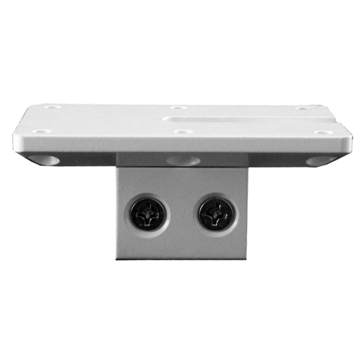 The RPM Flat Mount Clamp for Surface/Deck Mounting, sold as a UV-treated pair, features a white metal bracket with a rectangular base, four rounded corners, six circular holes, and a smaller vertical piece secured by two screws on a plain white background.